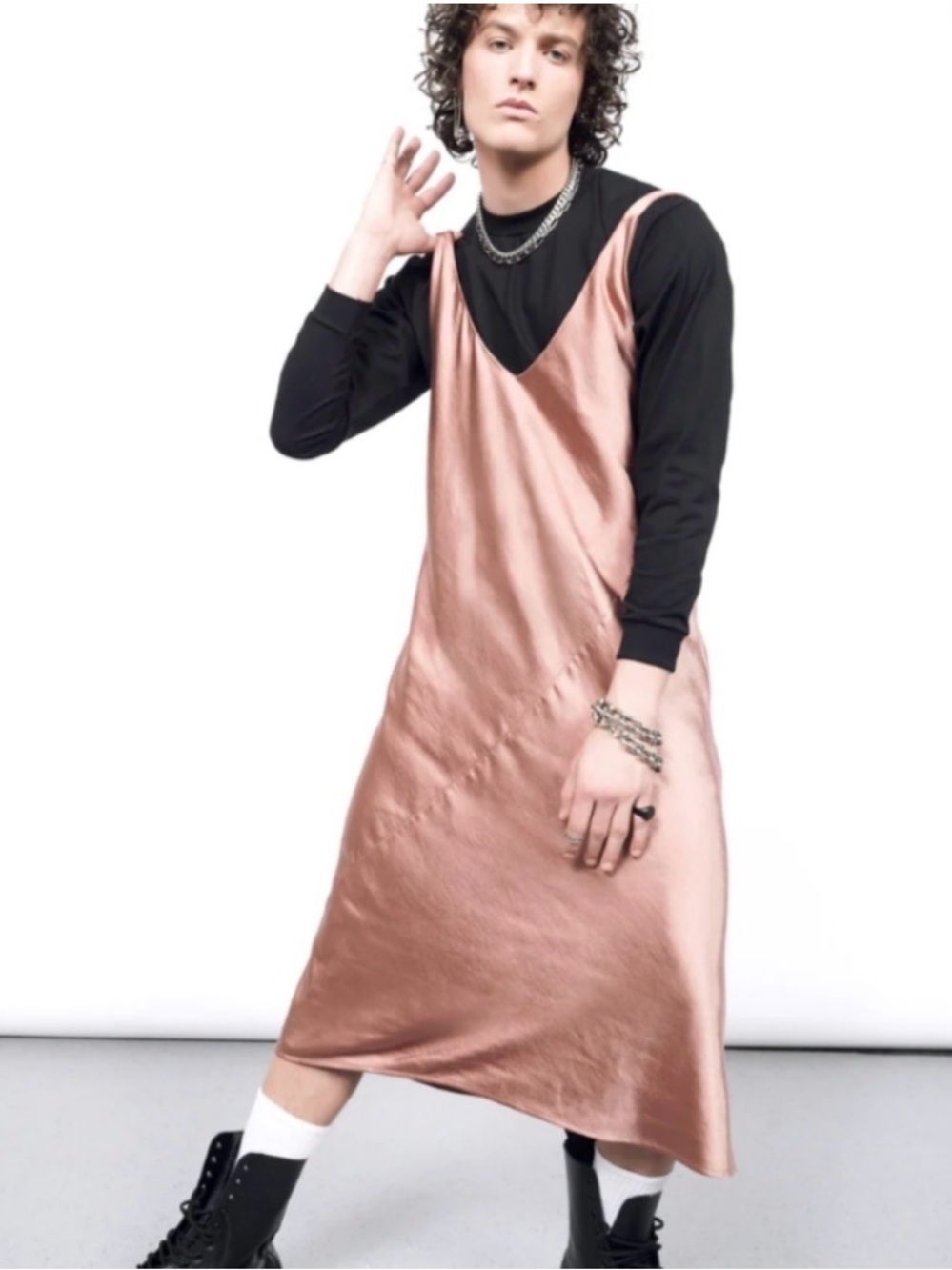 NWT Wildfang Rose Gold Satin Slip Midi Dress